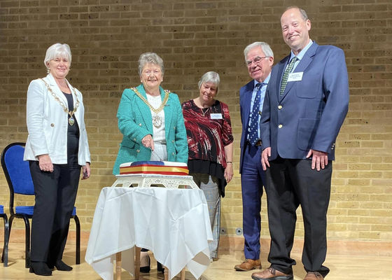 Lord Mayor of Canterbury Cllr Jean Butcher cutting 50th anniversary cake. Watched by Lady Mayiress Di Baldock, Viv Cater Chairman, President Peter Ewart and Vice President David Wood 