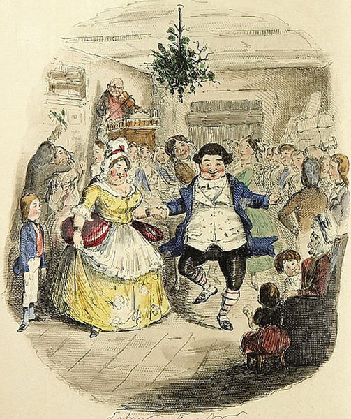 Mr Fezzwig's Ball. Hand colored etching by John Leech from A Christmas Carol by Charles Dickens.
