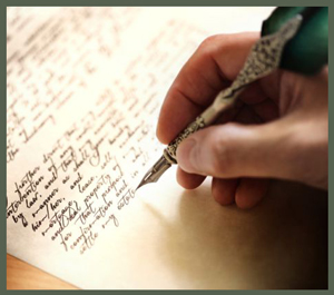 Writing a letter with a quill pen