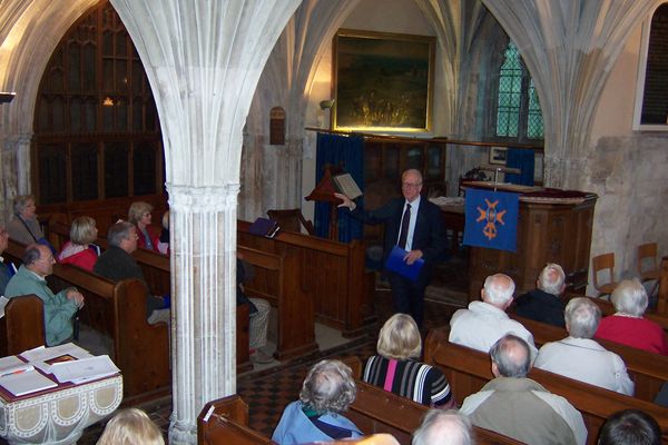 Michael Peters with Canterbury Branch members in the French Church in the Black Prince's Chantry of the Cathedral. 