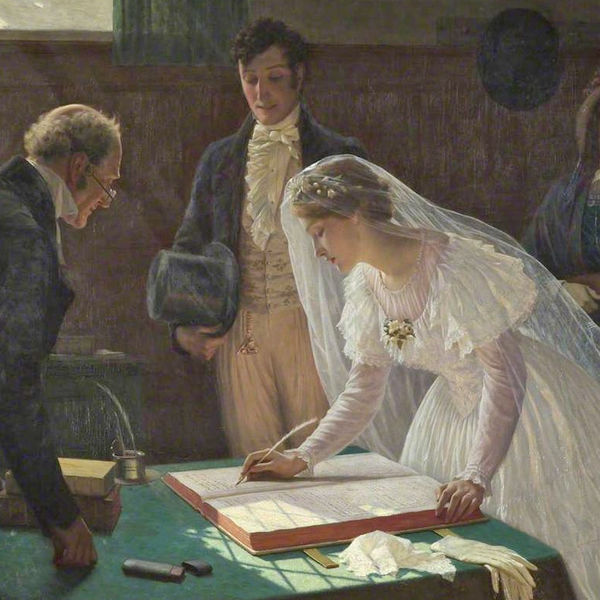 The Wedding Register by Edmund Blair Leighton 1920 https://commons.wikimedia.org/wiki/File:Edmund_Blair_Leighton_-_The_Wedding_Register.jpg