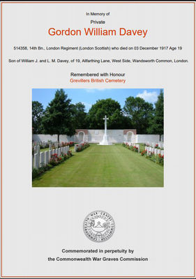 CWGC commemoration certificate for Gordon William Davey